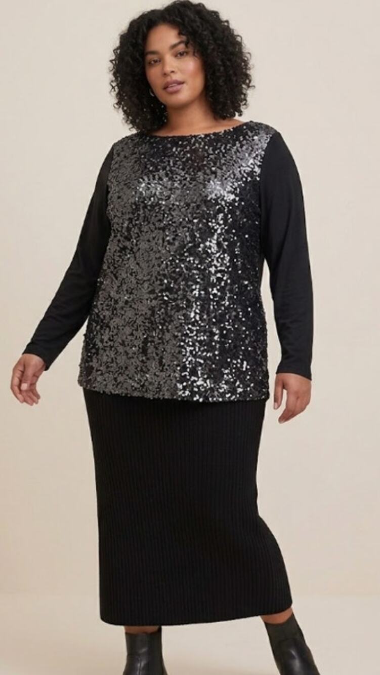 Talbots Black Sequin Long Sleeve Boat Neck Top Size 1X Stretch Holiday Cocktail